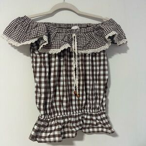 Brown Gingham Off-Shoulder Top